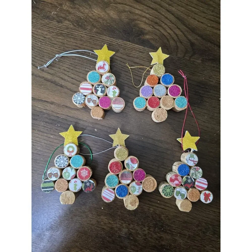 New Christmas Tree Ornaments Wine‎ Cork Set of 5 Handmade